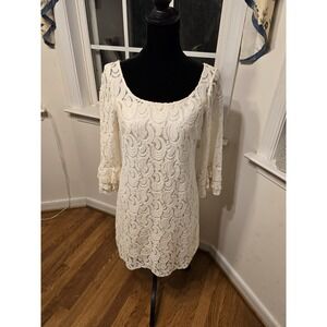 Muse Size 6 Long Sleeve Lace Overlay Dress‎ Beige Womens Ruffled Sleeves Pretty